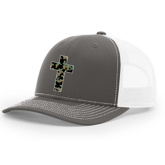 Trenz Shirt Company Mens Cross Hat Christian Camo Cross Mesh Back Trucker Hat, Charcoal/White