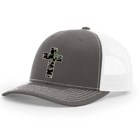 Trenz Shirt Company Mens Cross Hat Christian Camo Cross Mesh Back Trucker Hat, Charcoal/White