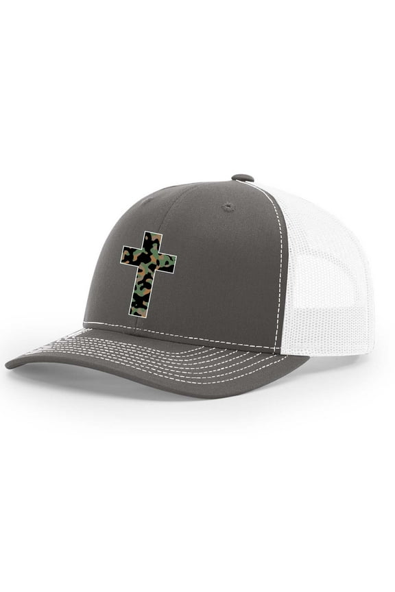 Mens Cross Hat Christian Camo Cross Mesh Back Trucker Hat, Charcoal/White