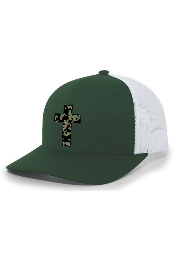 Mens Cross Hat Christian Camo Cross Mesh Back Trucker Hat, Forest/White