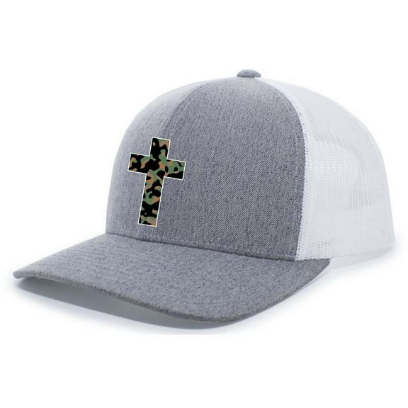 Trenz Shirt Company Mens Cross Hat Christian Camo Cross Mesh Back Trucker Hat, Heather Grey/White