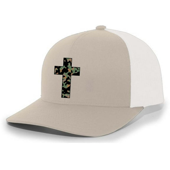 Trenz Shirt Company Mens Cross Hat Christian Camo Cross Mesh Back Trucker Hat, Khaki/White