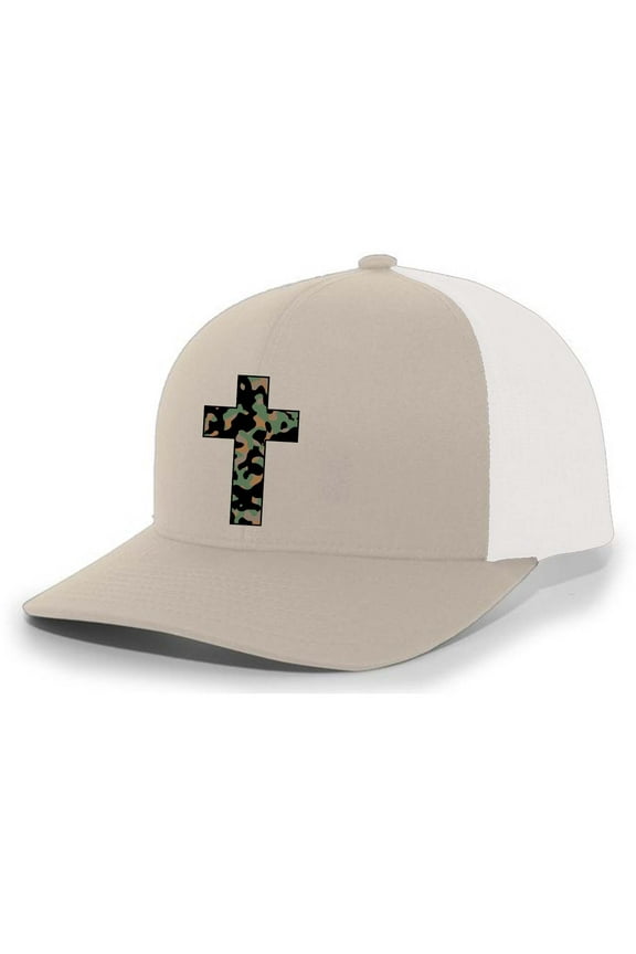 Mens Cross Hat Christian Camo Cross Mesh Back Trucker Hat, Khaki/White