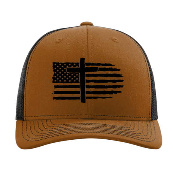 Trenz Shirt Company Mens Embroidered American Flag With Cross Mesh Back Trucker Hat-Caramel/Black