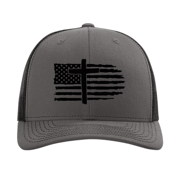 Trenz Shirt Company Mens Embroidered American Flag With Cross Mesh Back Trucker Hat-Charcoal/Black