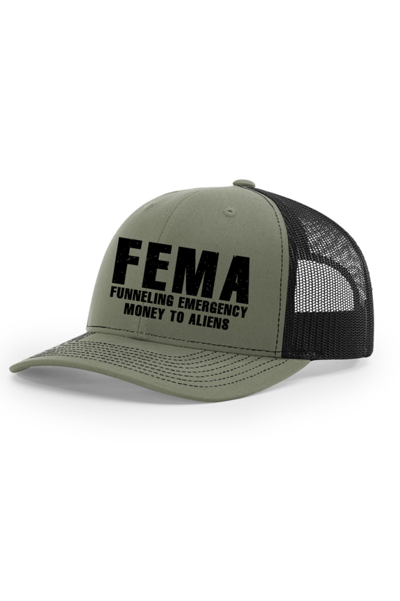 Mens FEMA Funneling Emergency Money To Aliens Embroidered Mesh Back Trucker Hat, Loden/Black