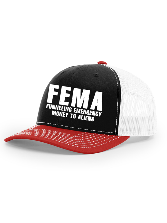 Mens FEMA Funneling Emergency Money To Aliens Embroidered Mesh Back Trucker Hat, Red/Black/White