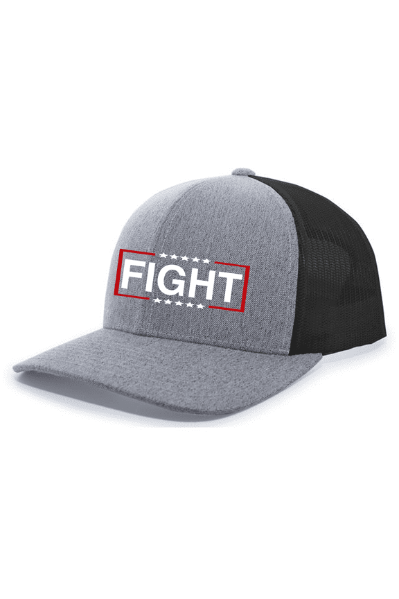 Mens FIGHT With Box & Stars Outline Mesh Back Trucker Hat-Heather Grey/Black
