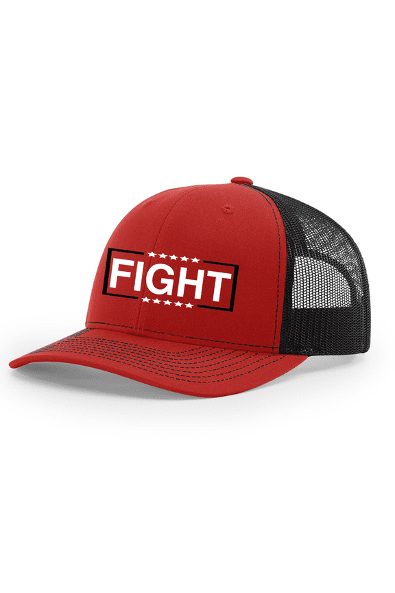 Mens FIGHT With Box & Stars Outline Mesh Back Trucker Hat-Red/Black