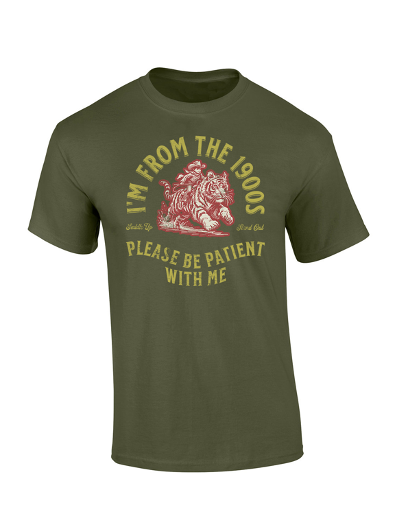 Mens Funny From The 1900's Tiger Saddle Short Sleeve T-Shirt-Military Green-Large