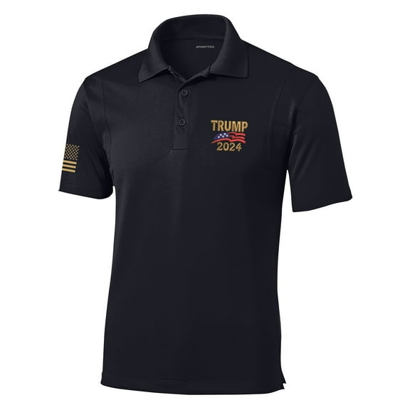 Trenz Shirt Company Mens Gold Trump 2024 Flag Embroidered Golf Polo-Black-3X-Large