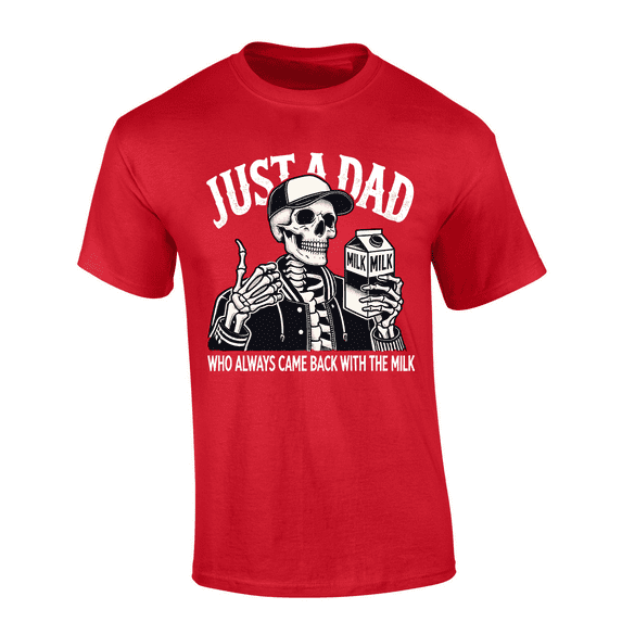Trenz Shirt Company Mens Graphic T-Shirt - Just A Dad Who Always Came Back With The Milk, Skeleton Design-Red-xl