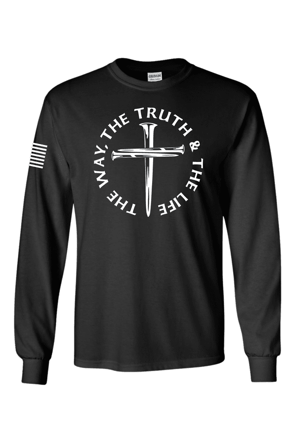 Mens Jesus The Way The Truth The Life John 14:6 Scripture Nail Cross Long Sleeve T-Shirt-Black-5X-Large