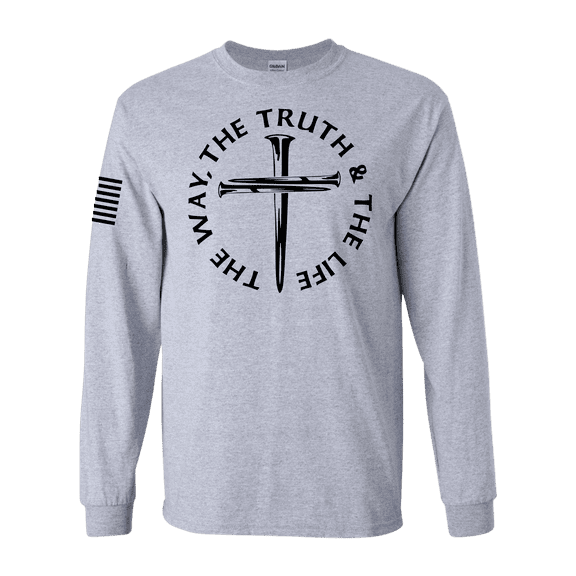 Trenz Shirt Company Mens Jesus The Way The Truth The Life John 14:6 Scripture Nail Cross Long Sleeve T-Shirt-Sport Grey-5X-Large