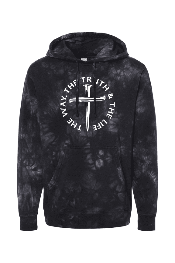 Mens Jesus The Way The Truth The Life John 14:6 Scripture Nail Cross Tie-Dye Hoodie -Black-large