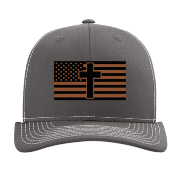 Trenz Shirt Company Mens Leather Patch American Flag With Cross Mesh Back Trucker Hat-Charcoal/White