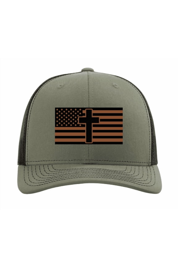 Mens Leather Patch American Flag With Cross Mesh Back Trucker Hat-Loden/Black