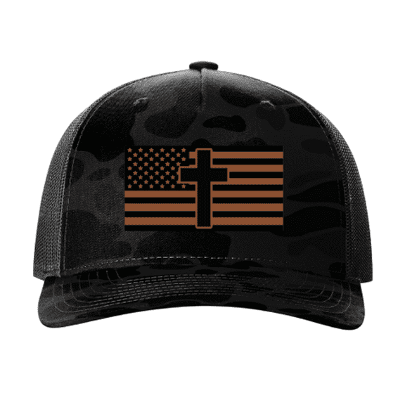 Trenz Shirt Company Mens Leather Patch American Flag With Cross Mesh Back Trucker Hat-Sable/Black