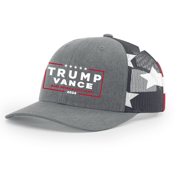 Trenz Shirt Company Mens Make American Safe Again Trump Vance Embroidered Mesh Back Trucker Hat-Heather Grey/American Flag
