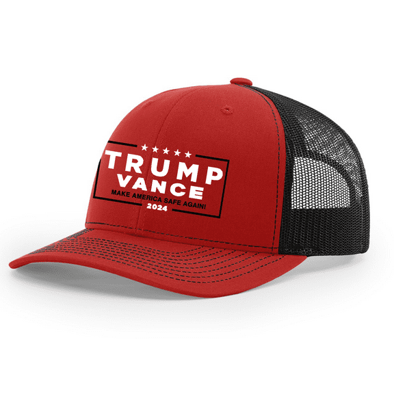 Trenz Shirt Company Mens Make American Safe Again Trump Vance Embroidered Mesh Back Trucker Hat-Red/Black