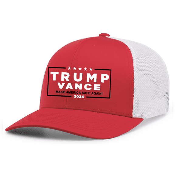 Trenz Shirt Company Mens Make American Safe Again Trump Vance Embroidered Mesh Back Trucker Hat-Red/White