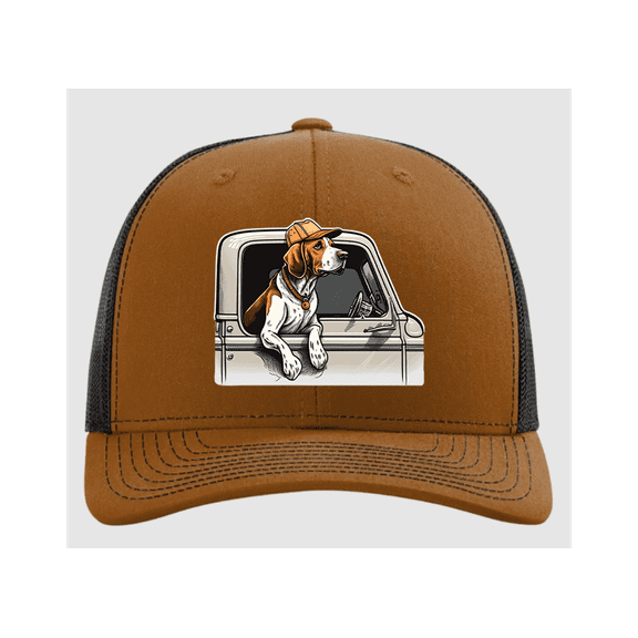 Trenz Shirt Company Mens Mesh Snapback Trucker Hat - Bluetick Hound Dog in Truck Design, Caramel/Black