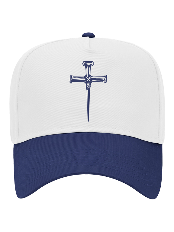 Mens Embroidered Otto Cap 5 Panel Mid Profile Baseball Cap - Christian Cross Nails Design, Royal/White