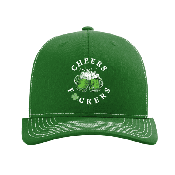 Trenz Shirt Company Mens St. Patrick's Day Cheers F!ckers Clover Mesh Back Trucker Hat-Kelly Green/White