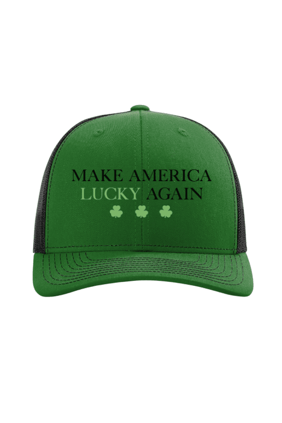 Mens St. Patrick's Day Trump Make America Lucky Again Mesh Back Trucker Hat-Kelly Green/Black