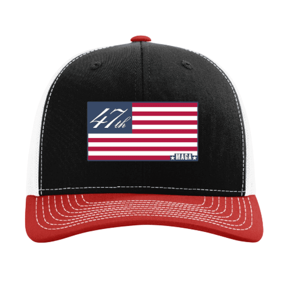 Trenz Shirt Company Mens Trump  47th USA MAGA Flag Mesh Back Trucker Hat-Black/Red/White