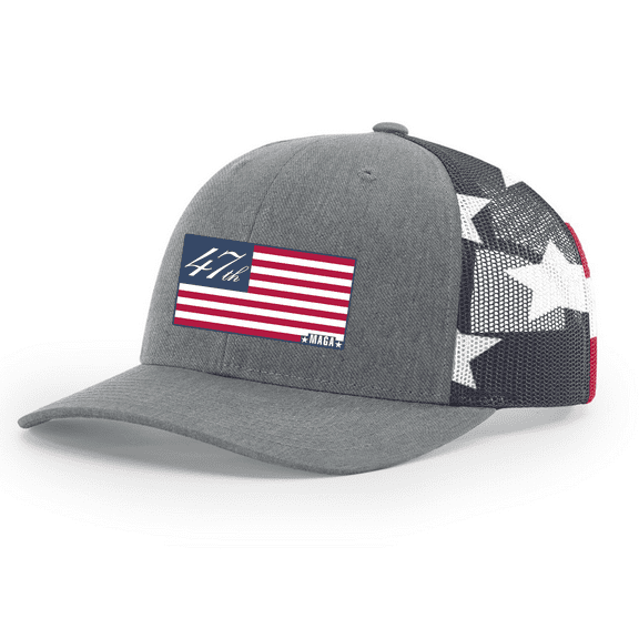 Trenz Shirt Company Mens Trump  47th USA MAGA Flag Mesh Back Trucker Hat-Heather Grey/American Flag