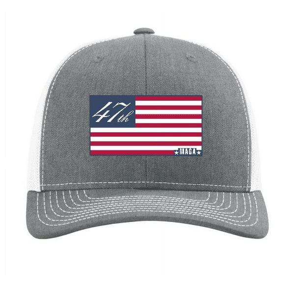 Trenz Shirt Company Mens Trump  47th USA MAGA Flag Mesh Back Trucker Hat-Heather Grey/White