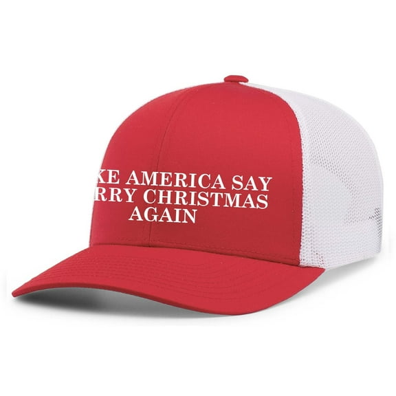Trenz Shirt Company Mens Trump Christmas Hat Trump Make America Say Merry Christmas Again Patriotic Embroidered Trucker Hat, Red/White