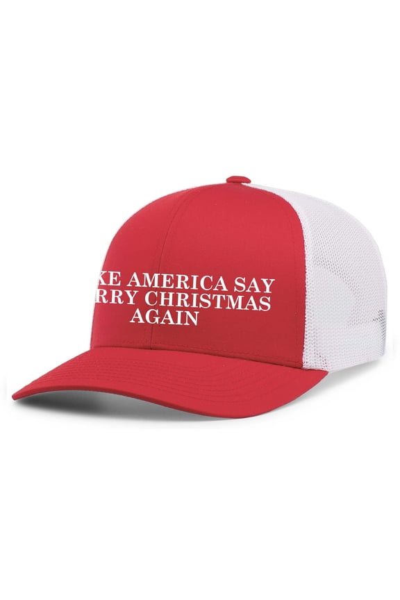 Mens Trump Christmas Hat Trump Make America Say Merry Christmas Again Patriotic Embroidered Trucker Hat, Red/White