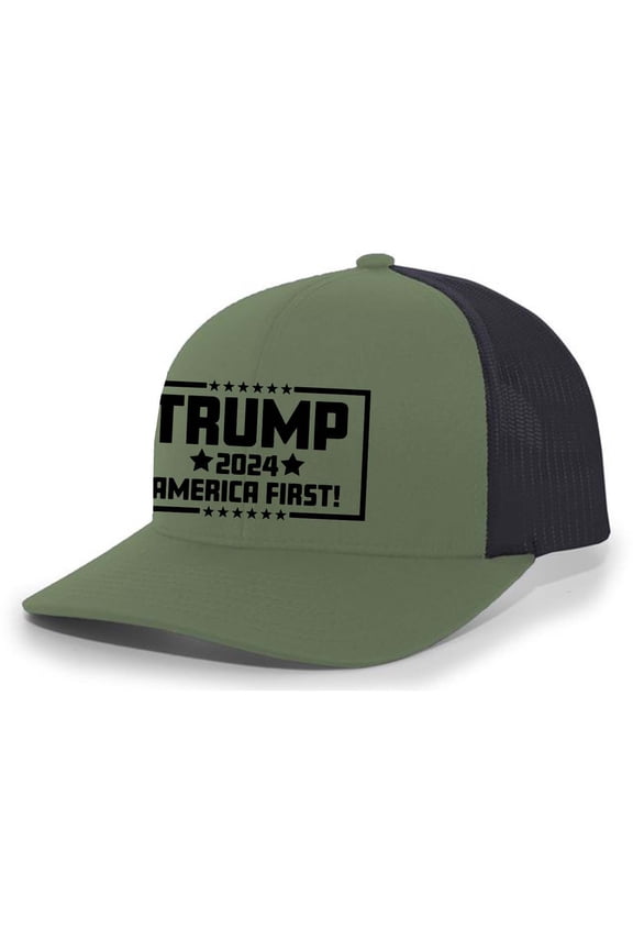 Mens Trump Hat Trump America First Patriotic Embroidered Trucker Hat, Loden/Black