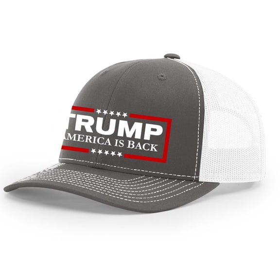 Trenz Shirt Company Mens Trump Hat Trump America Is Back Patriotic Embroidered Trucker Hat, Charcoal/White