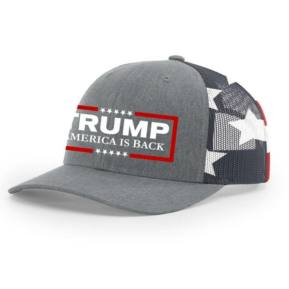 Trenz Shirt Company Mens Trump Hat Trump America Is Back Patriotic Embroidered Trucker Hat, Heather Grey/American Flag