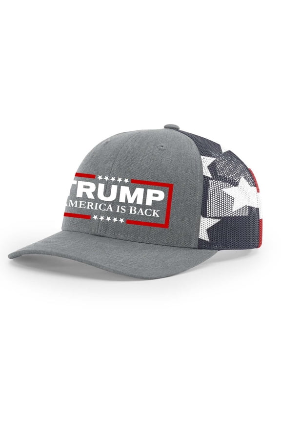Mens Trump Hat Trump America Is Back Patriotic Embroidered Trucker Hat, Heather Grey/American Flag