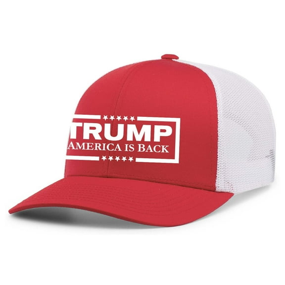 Trenz Shirt Company Mens Trump Hat Trump America Is Back Patriotic Embroidered Trucker Hat, Red/White
