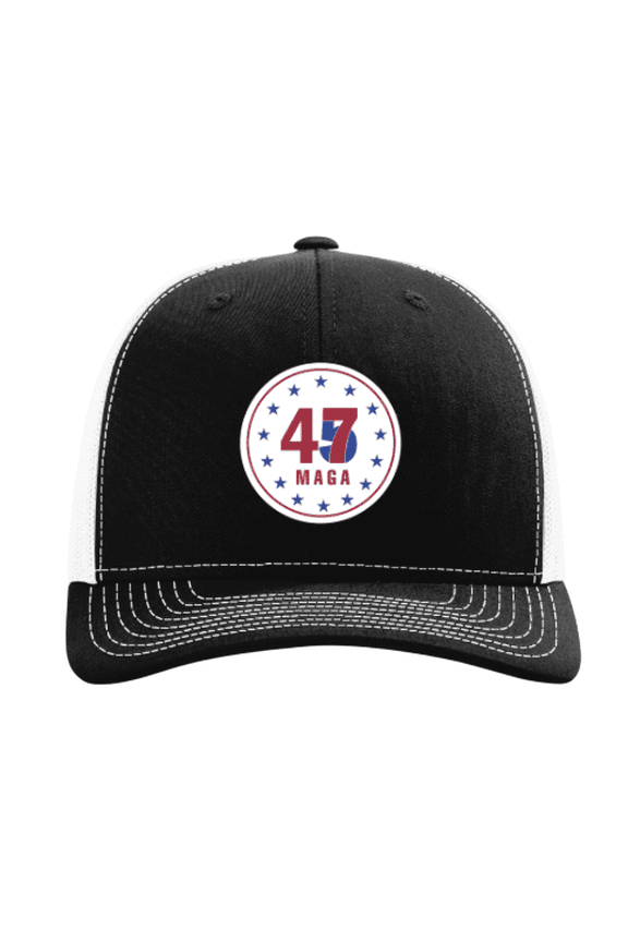 Mens Trump MAGA 45-47 Circle With Stars Mesh Back Trucker Hat-Black/White