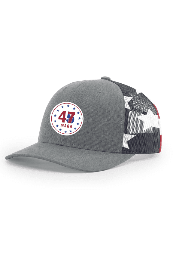 Mens Trump MAGA 45-47 Circle With Stars Mesh Back Trucker Hat-Heather Grey/American Flag