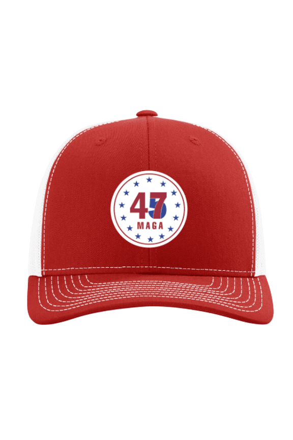 Mens Trump MAGA 45-47 Circle With Stars Mesh Back Trucker Hat-Red/White