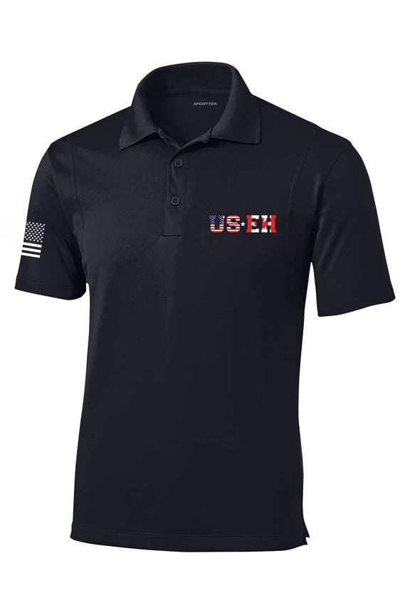 Mens USA Canada US EH American Flag Maple Leaf Canadian Flag Embroidered Golf Polo-Black-Medium