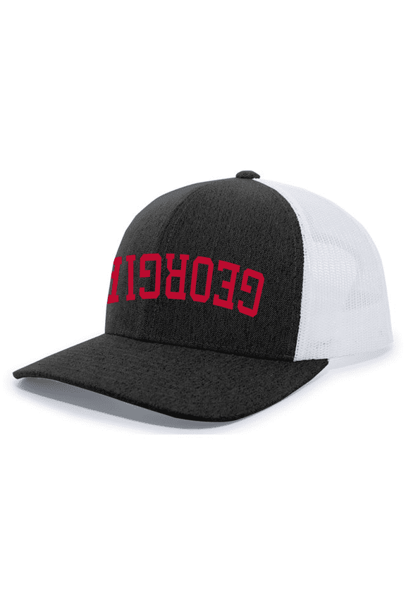 Mens Upside Down Georgia Football Mesh Back Trucker Hat-Black Heather/White