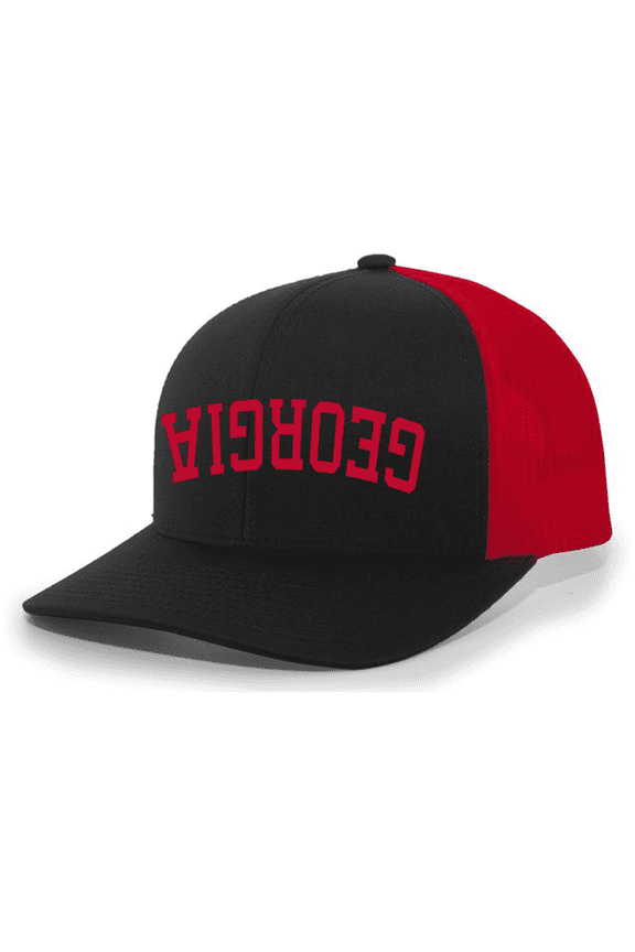Mens Upside Down Georgia Football Mesh Back Trucker Hat-Black/Red