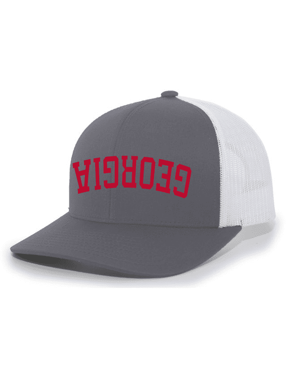 Mens Upside Down Georgia Football Mesh Back Trucker Hat-Charcoal/White
