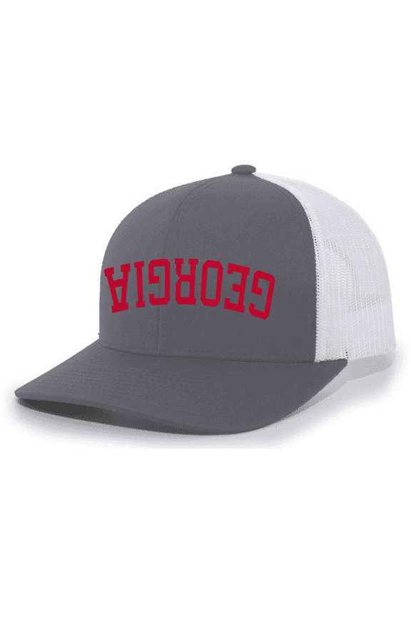 Mens Upside Down Georgia Football Mesh Back Trucker Hat-Charcoal/White