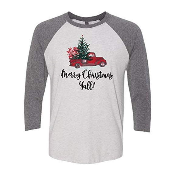 Trenz Shirt Company Merry Christmas Ya'll! Ladies Adult Baseball Tee-Heather Gray-XXL