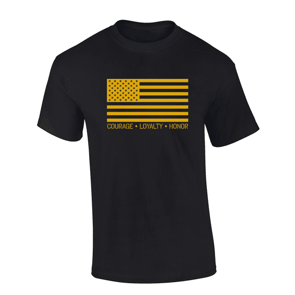Trenz Shirt Company Metallic Gold Flag Courage, Loyalty, Honor Short Sleeve Mens Graphic T-Shirt-Black-medium