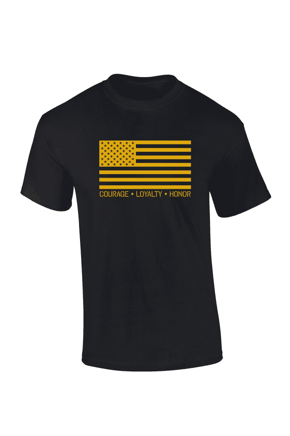 Metallic Gold Flag Courage, Loyalty, Honor Short Sleeve Mens Graphic T-Shirt-Black-medium
